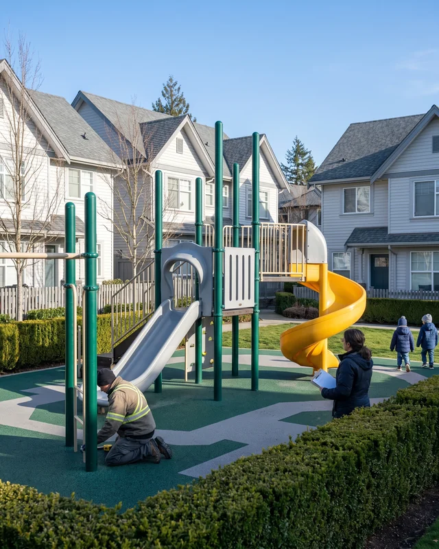 A compact play structure in a residential community common area