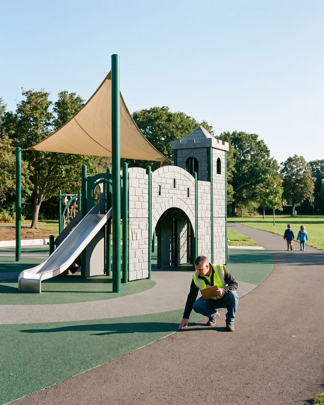A park playground themed to a local landmark, with a shade sail