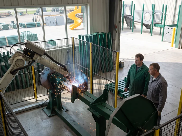 A robotic welding cell welding repeat deck-to-post joints