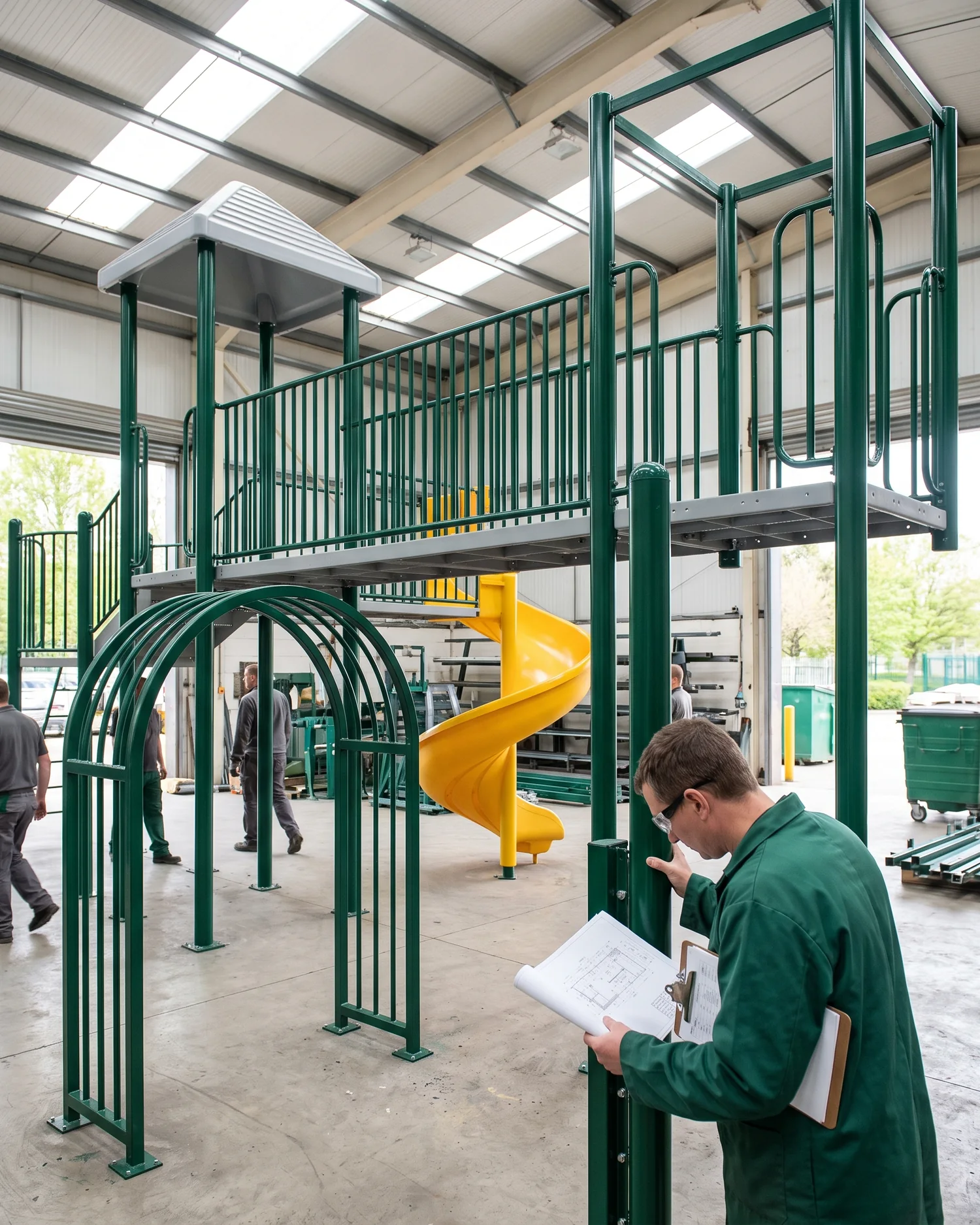 A custom structure with a welded entrance arch and tower-top frame in the pre-assembly yard