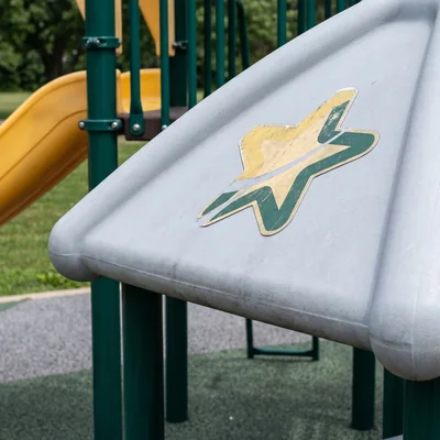 A printed decal logo on a play roof