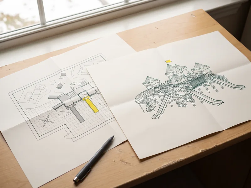 The approved 2D layout and 3D render printed on the desk