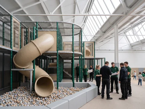 Three-level soft play structure with a spiral slide ending in a ball pit, evergreen posts and light grey padding