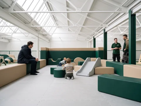 Low toddler soft area with mats, soft shapes and a small slide for children 6–23 months