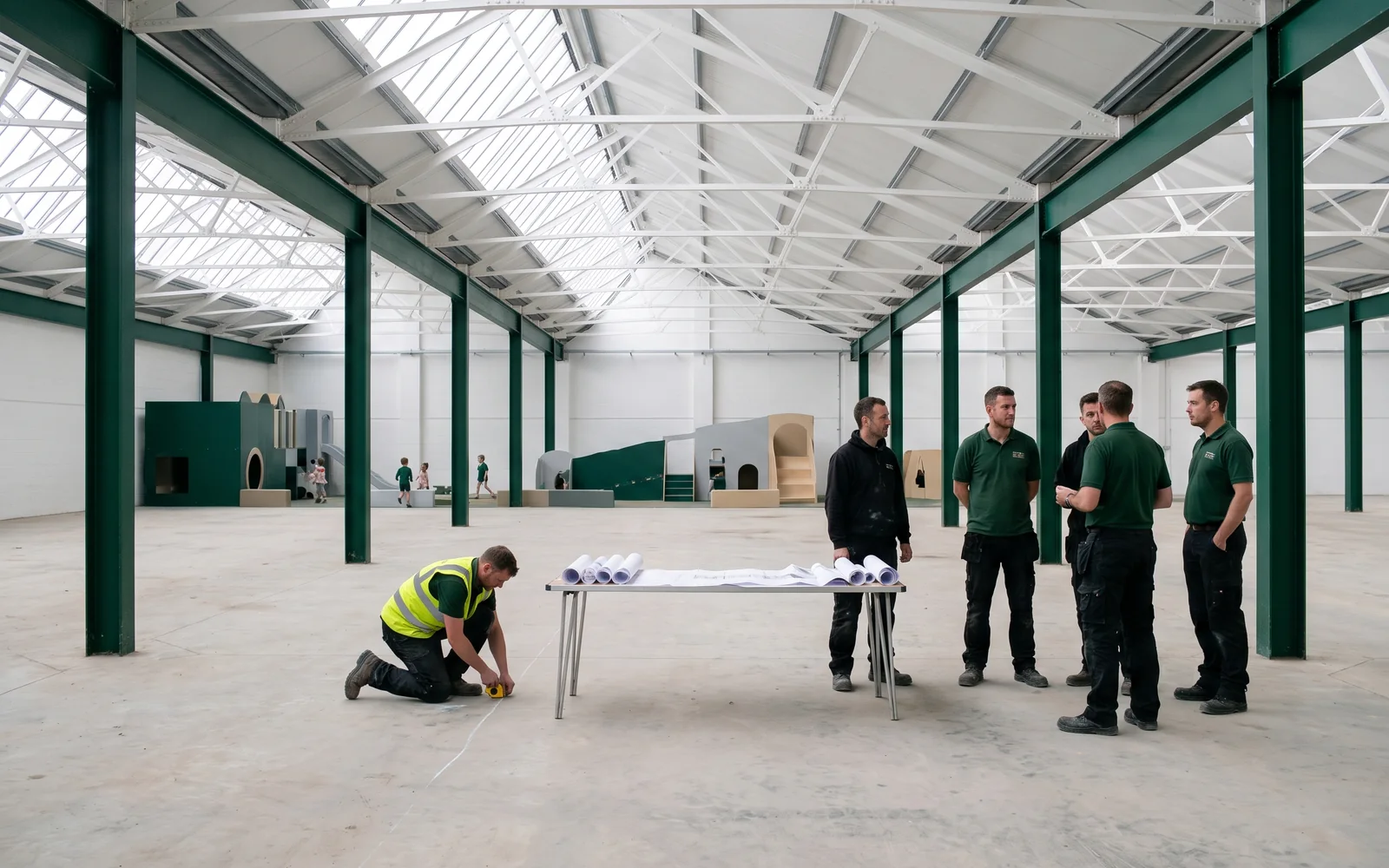 Empty converted warehouse with sawtooth skylights and wide column spans, a contractor marking out the floor
