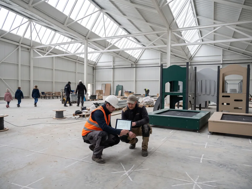 Structural engineer and contractor checking anchor positions on a floor slab against a tablet drawing
