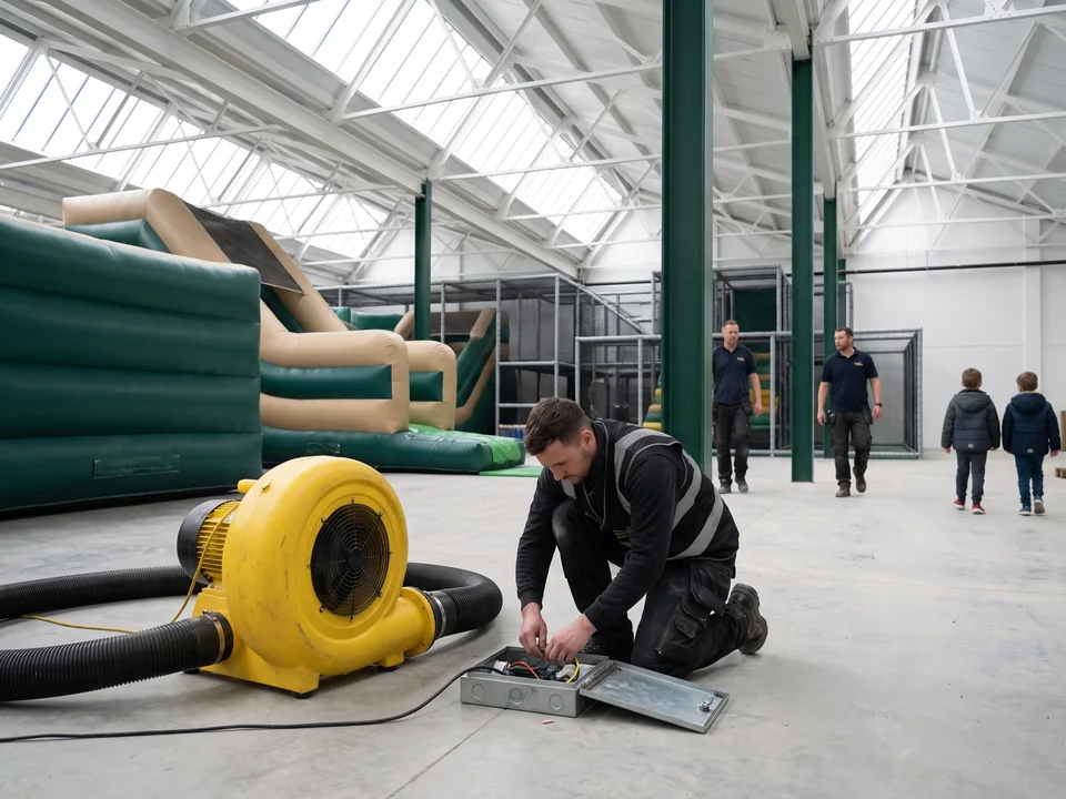 Electrician connecting a power point beside an inflatable blower
