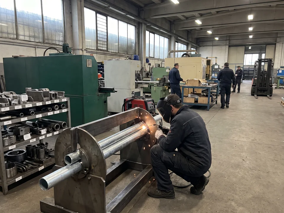 Soft play steel pipe being cut and welded at production start