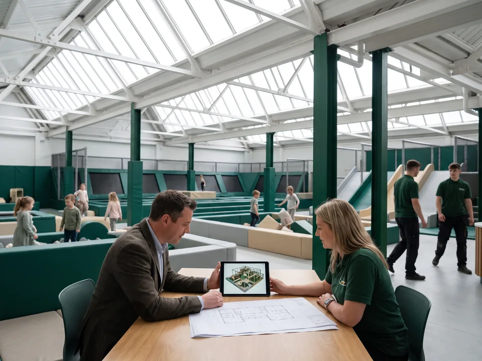 Two adults reviewing FEC renders on a tablet with a printed floor plan on the table