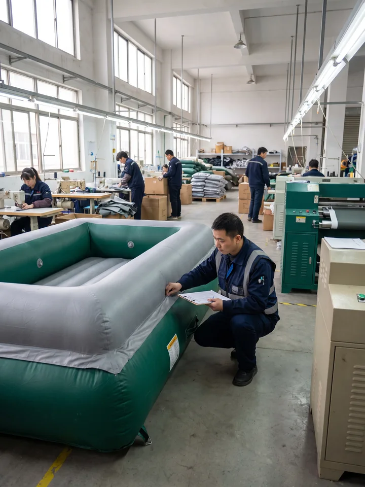 Inflatable inflated at the partner factory while our QC checks the seams