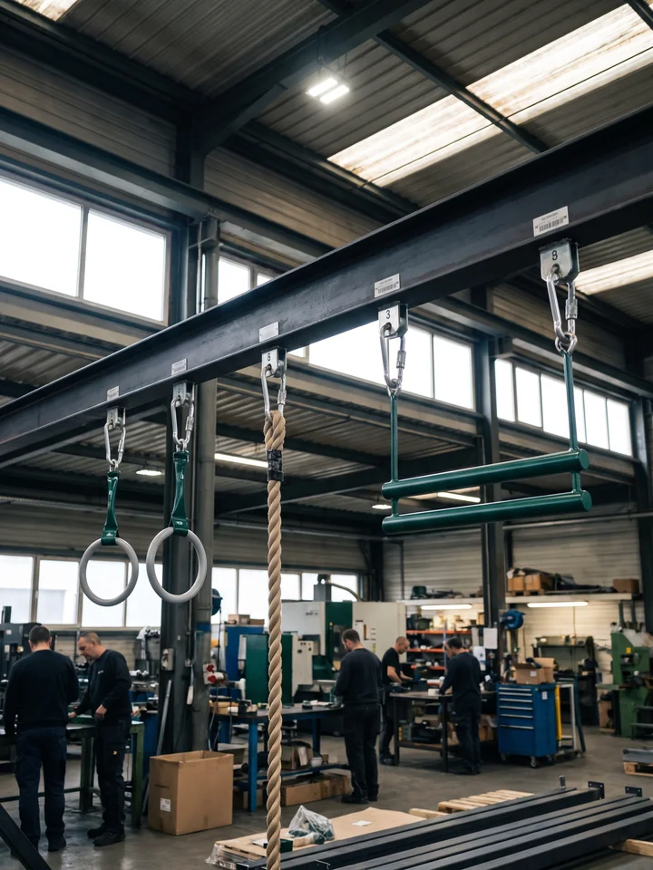 Ninja obstacles each hung on its own numbered hang point at trial assembly in the factory