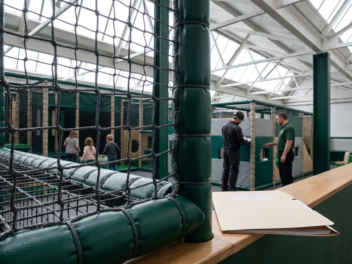 Fire-retardant soft play netting and padding close up beside a document folder