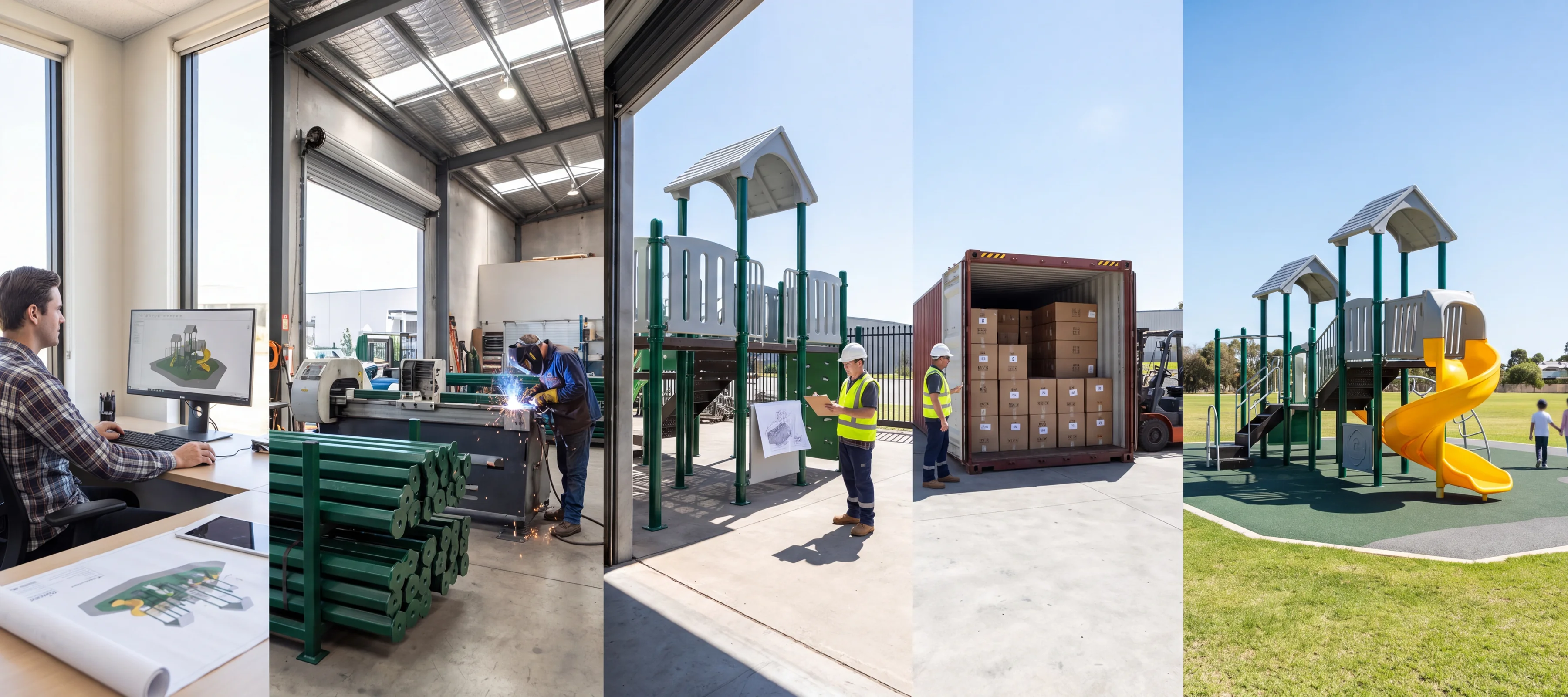 One continuous view of a playground project: design office, steel workshop, pre-assembly yard, a loaded container and an installed park playground