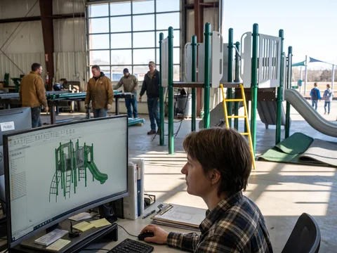 A designer drawing a play structure at a CAD workstation