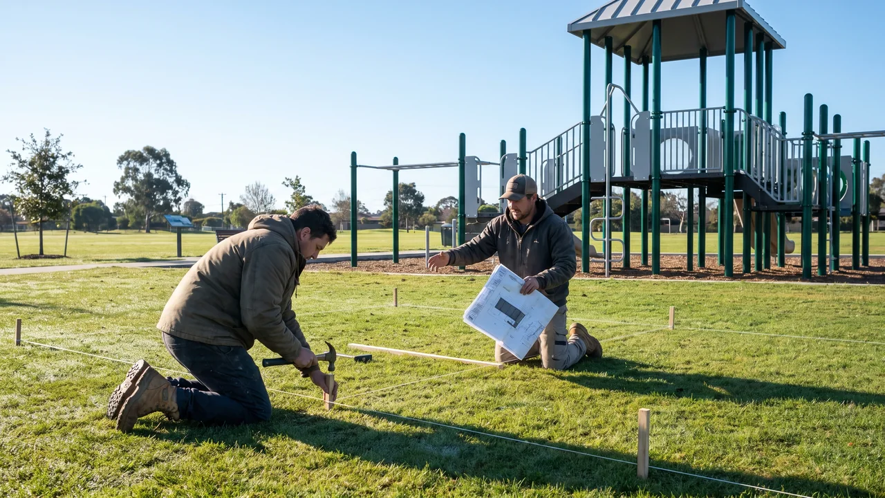 Two installers setting out footing positions on a grass site with string lines and stakes