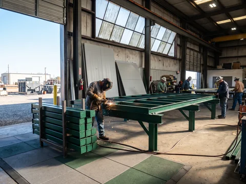 A welder joining a platform frame at production start