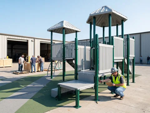 A complete play structure standing pre-assembled in the factory yard