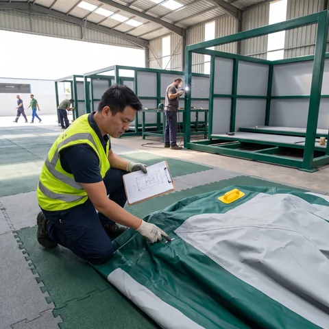 A QC inspector checking a partner-built inflatable against a drawing
