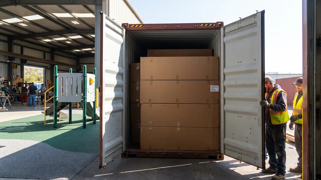 The open doors of a container with numbered cartons stacked to the doorway before sealing