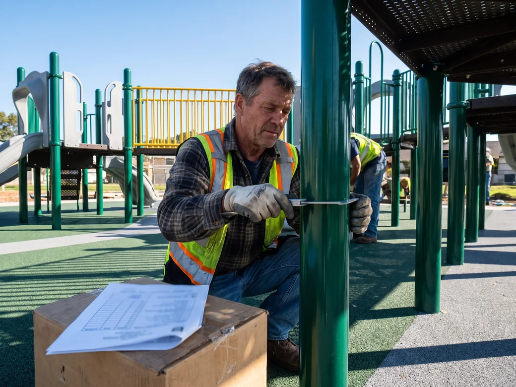 An installer measuring a steel post wall with a caliper beside a printed spec sheet