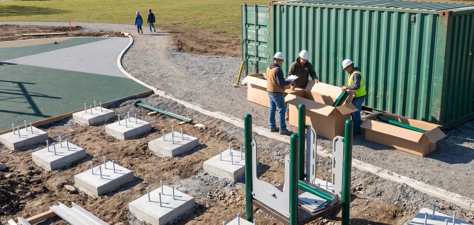 A park site with a grid of poured concrete footings ready for in-ground posts