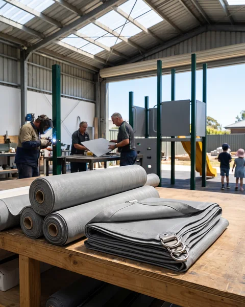 Rolls of shade sail fabric with stainless corner rings