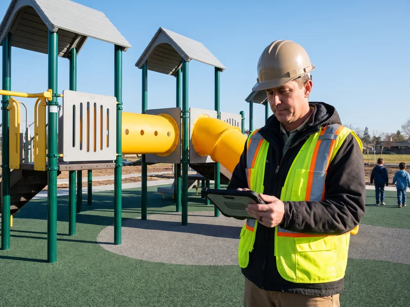 A parks facility manager checking a tablet on a playground site