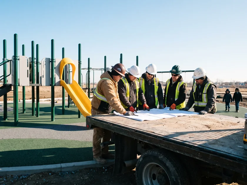 An installation crew around a printed installation drawing