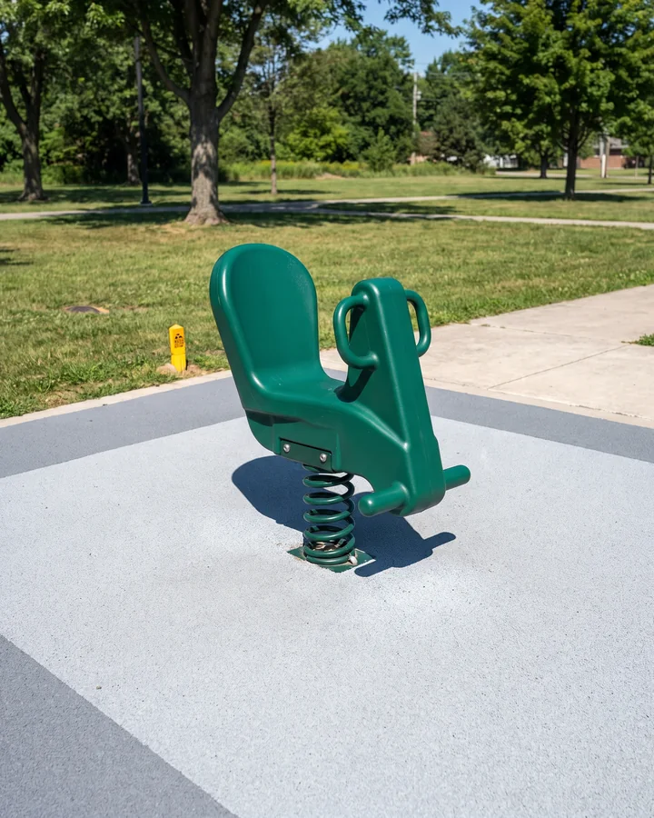A high-back spring rider with handles on a rubber surface