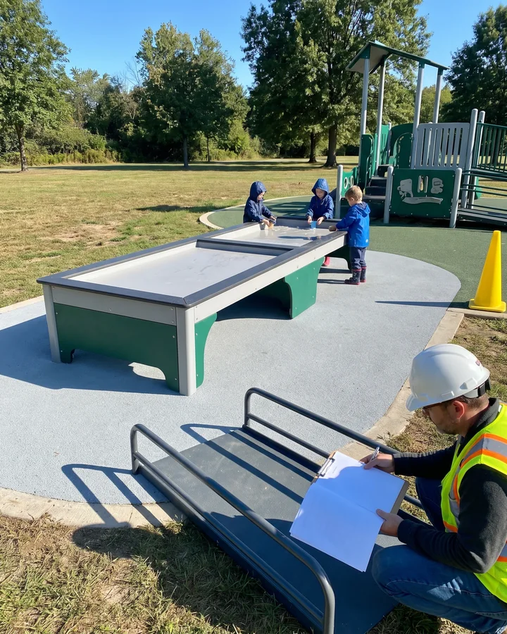 A sand and water table with open knee clearance underneath, set on the route