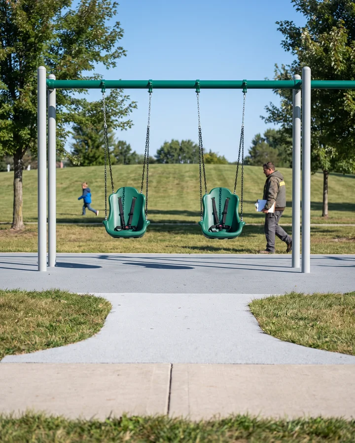 Two high-back inclusive swing seats with harness in their own bay of an evergreen swing frame
