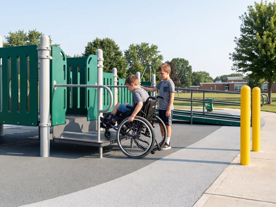 A child moving from a wheelchair onto a transfer platform while a friend waits beside them