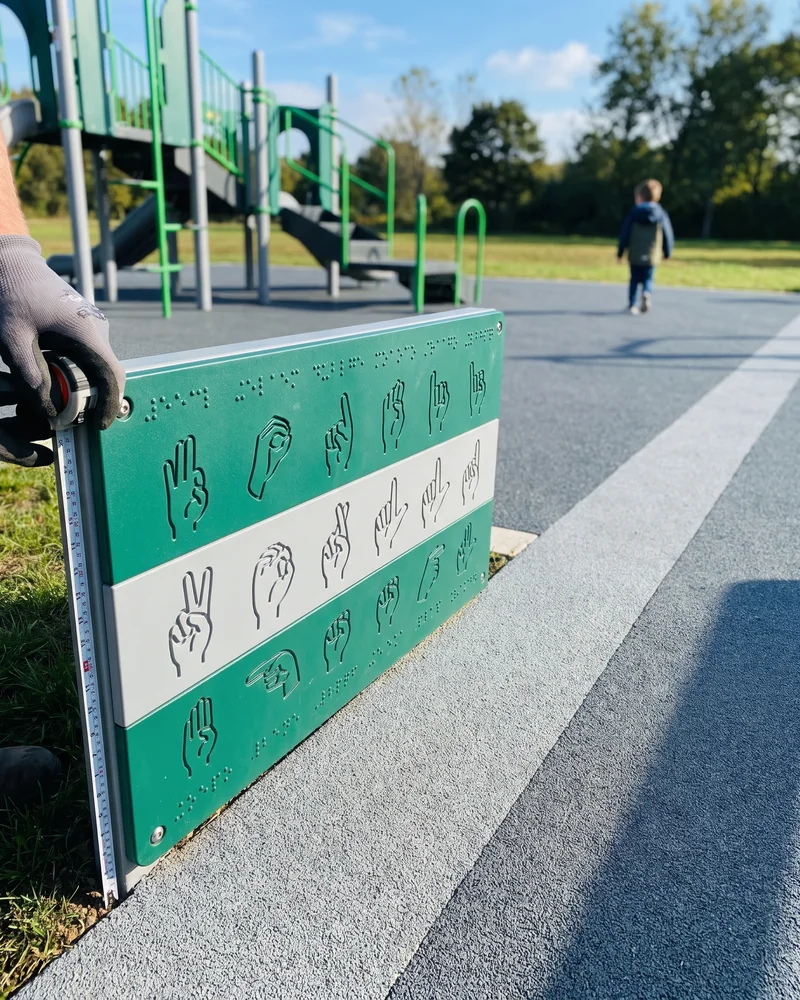A two-color HDPE panel engraved with braille dots and sign-alphabet hand shapes
