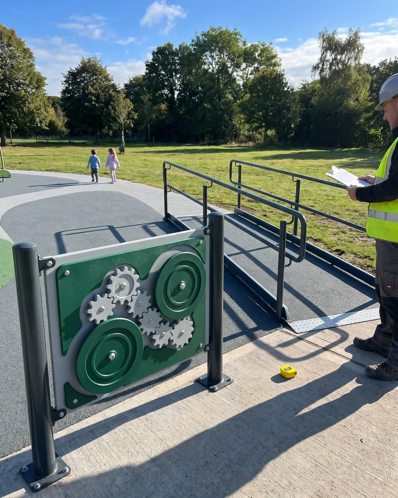 An HDPE panel with gears and spinners turned by hand