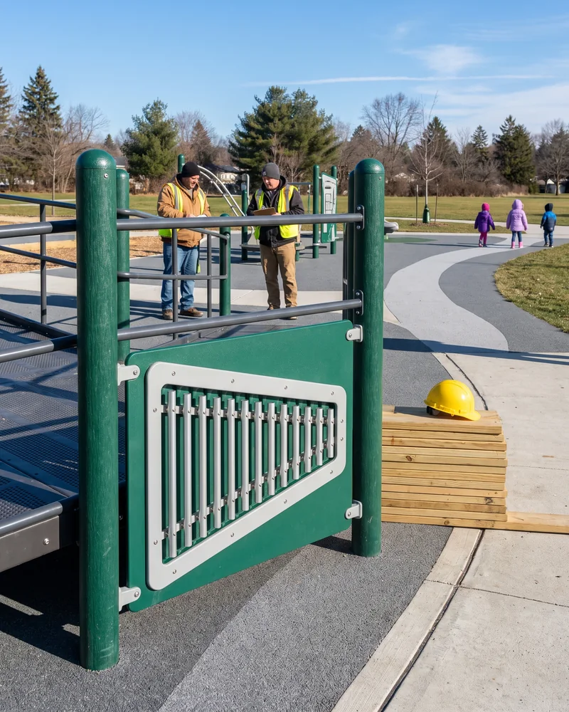 An HDPE music panel with metal chimes fixed at ground level