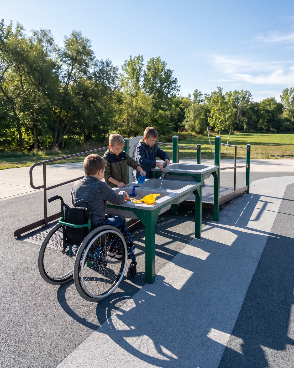 A child using a wheelchair at a sand and water table with two friends playing alongside