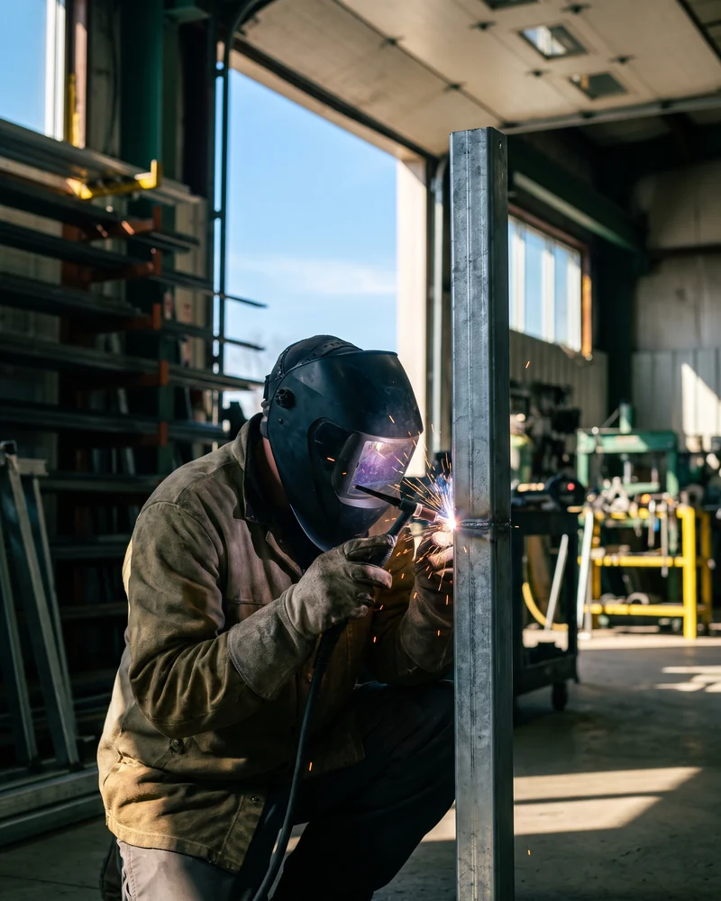 Welder joining a galvanized steel play structure post