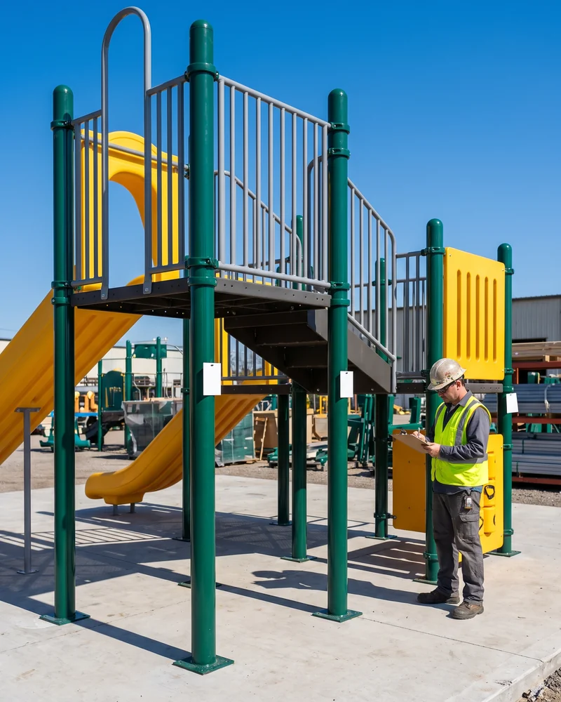 Complete outdoor play structure standing in the factory pre-assembly yard