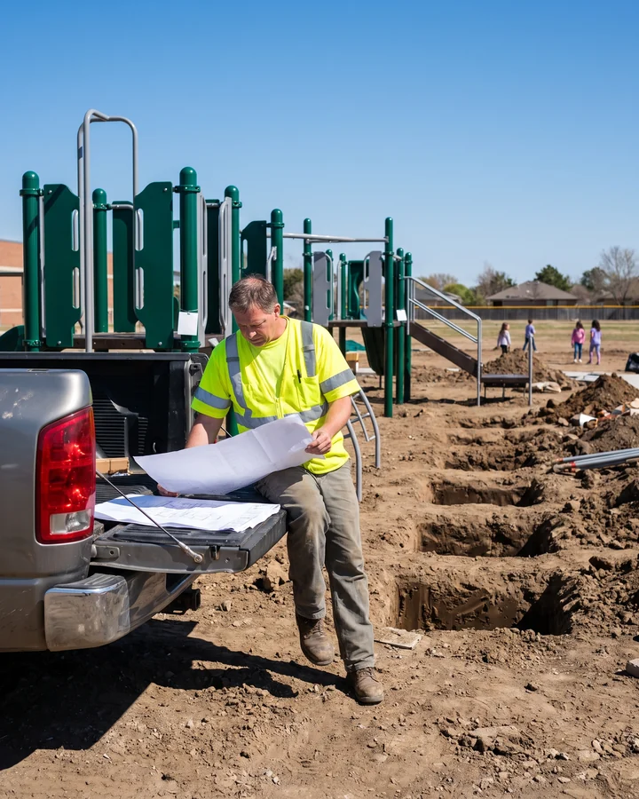 Playground installer reviewing an installation drawing on a park site