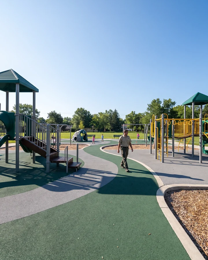 Municipal park playground with zoned play areas and paths