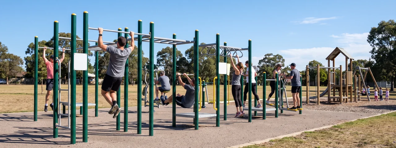 Outdoor fitness stations beside a playground