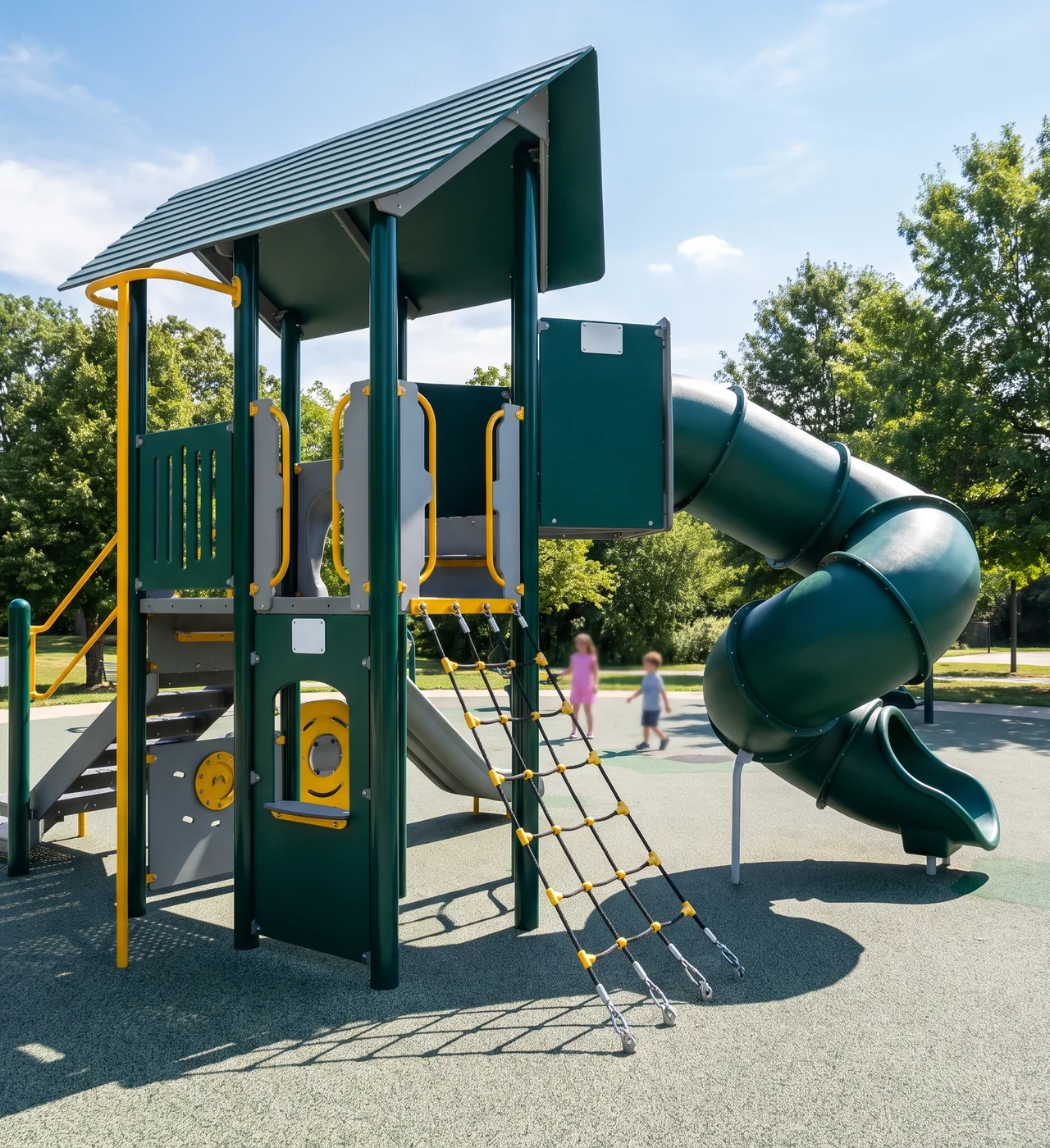 Commercial outdoor playground with tower, tube slide and rope climber