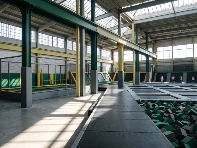 Trampoline court with dodgeball zone and foam pit