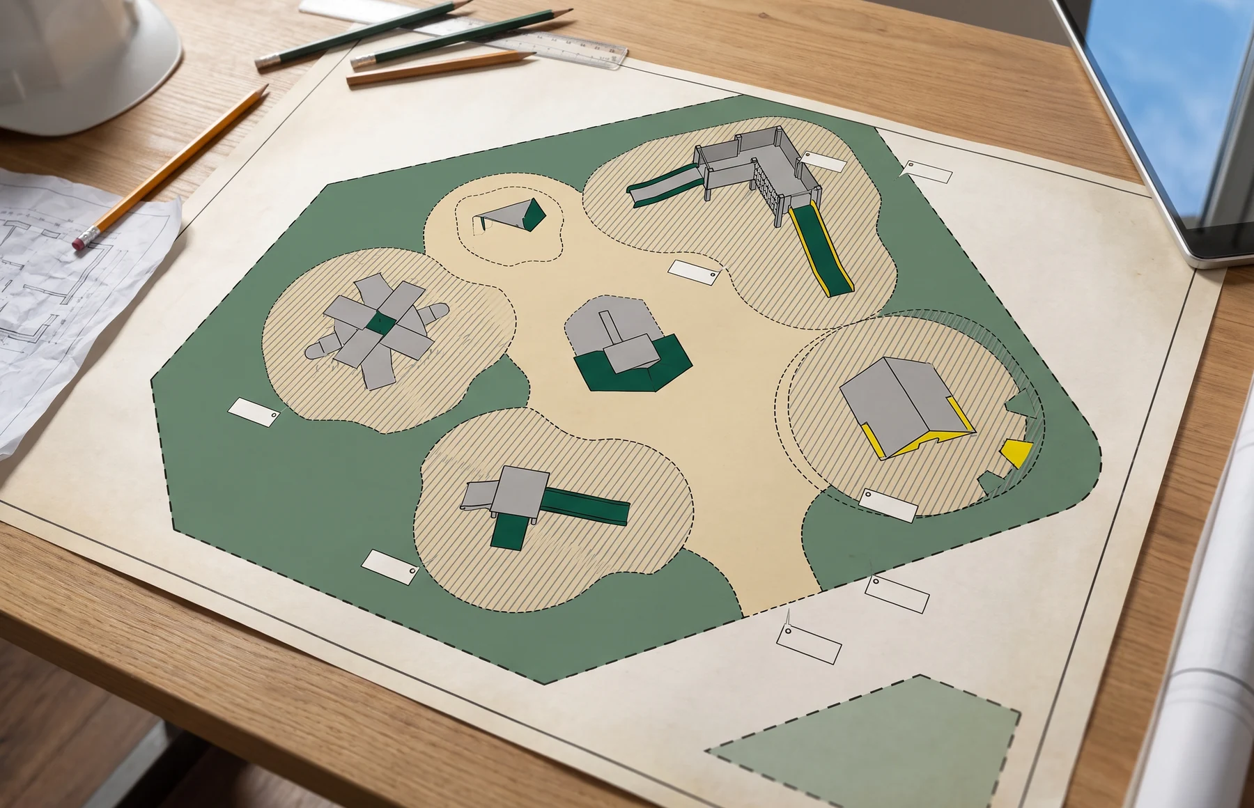 2D playground layout plan showing equipment positions, age zones and use zones
