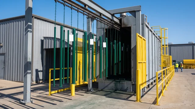 Electrostatic powder coating line with steel posts entering the curing oven