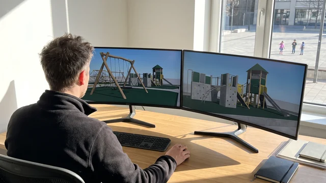 Designer drawing a playground layout on a CAD workstation