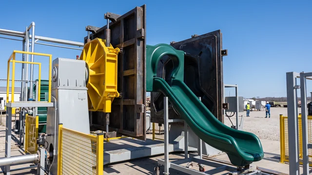 Rotational molding machine opening a steel mold for a playground slide