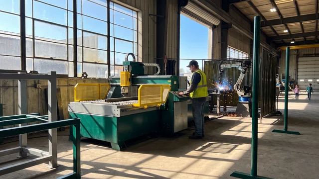 CNC tube cutting and robotic welding cell in the steel workshop