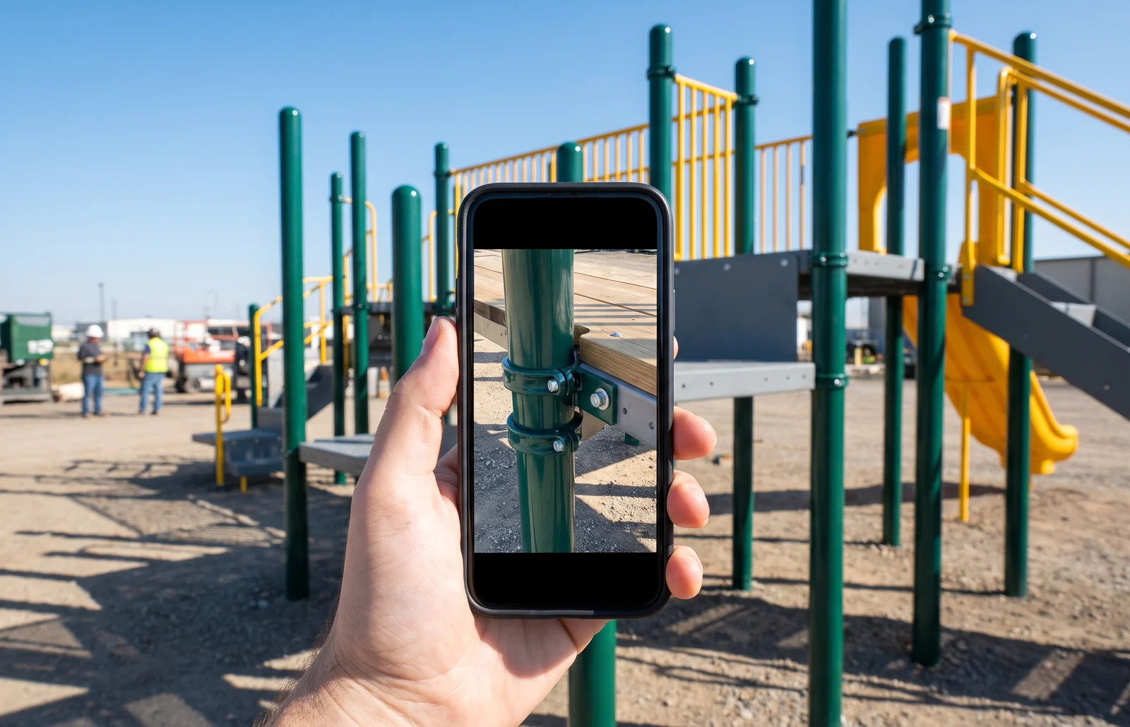 Frame from a pre-assembly video showing a complete play structure and a close view of a numbered connection