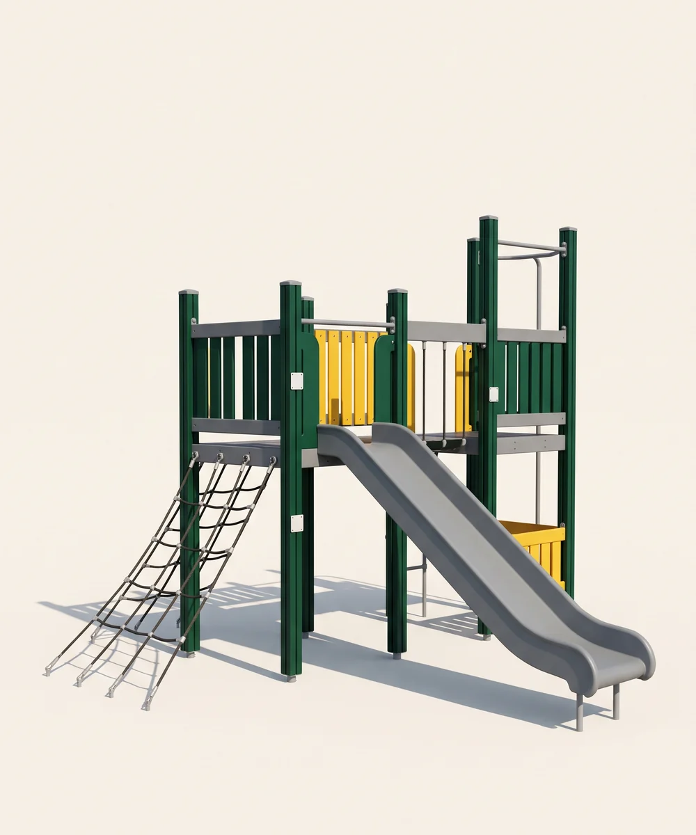 Cut-out outdoor play structure with posts, slide, panels and rope net labeled